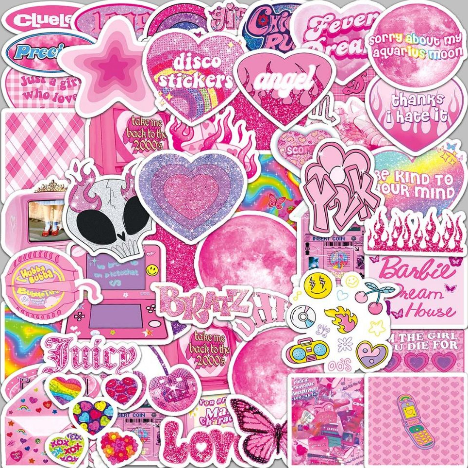 น่ารัก 50 ชิ้น Y2K สไตล์สีชมพู Love สติกเกอร์หญิง DIY สําหรับแล็ปท็อป/โทรศัพท์/หมวกกันน็อก/รถ DIY Creative Graffiti Home Decal สติกเกอร์