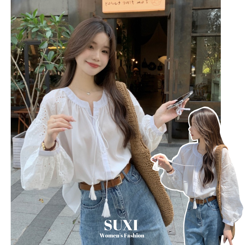 Suxi Minimalist ใหม่ภาษาฝรั่งเศสคําหลวมลูกไม้เสื้อแขนยาวผู้หญิงเสื้อ 240327