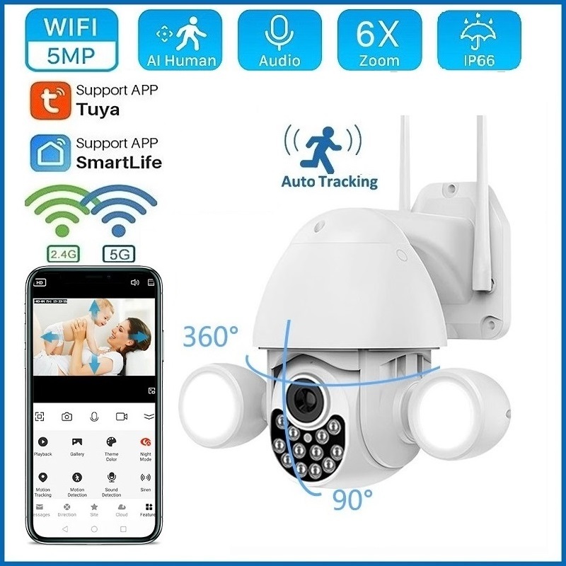 Tuya Smart Life กล้องวงจรปิดรักษาความปลอดภัย 5MP PTZ IP WiFi AI P2P RTSP ซูมได้ 6X กันน้ํา