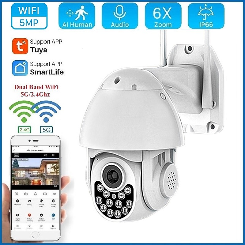 Tuya Smart Life กล้องวงจรปิดดิจิทัล 5MP PTZ 5G 2.4GHZ WiFi IP ซูมได้ 6 เท่า กันน้ํา P2P