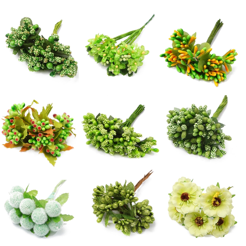 ผสมดอกไม้สีเขียว Cherry Stamen Berries Bundle DIY คริสต์มาสงานแต่งงานเค้กกล่องพวงหรีดตกแต่ง