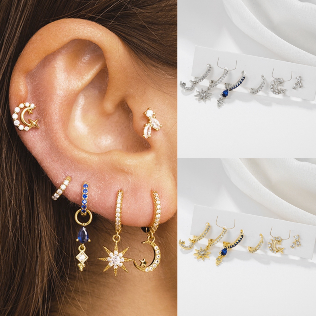 6 ชิ้นต่างหูชุดดวงจันทร์แปดaw star 18K gold แขวนต่างหูต่างหู hoop เครื่องประดับแฟชั่น