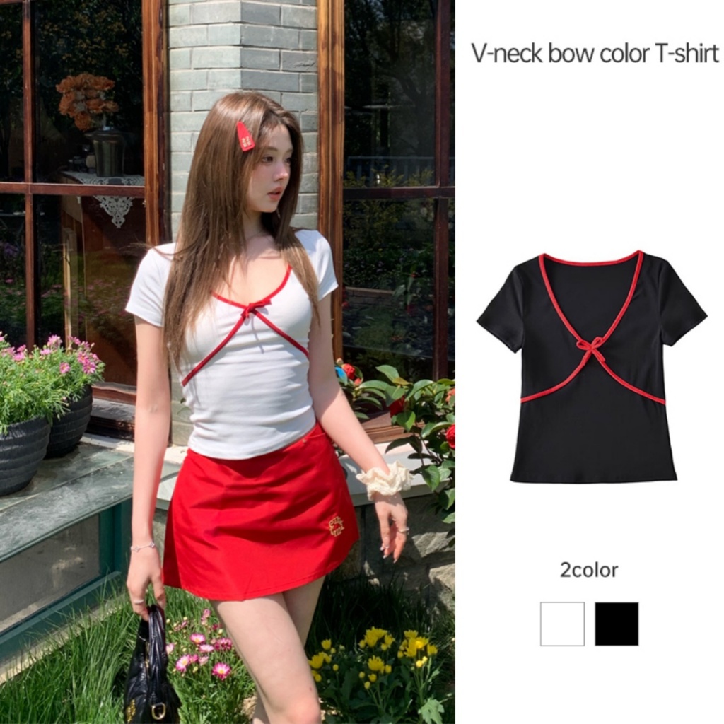 (จัดส่งใน สมุทรปราการ ประเทศไทย)เสื้อยืดผู้หญิง สีพื้น แต่งขอบสี สไตล์ลำลอง (หลากสี) JOJO