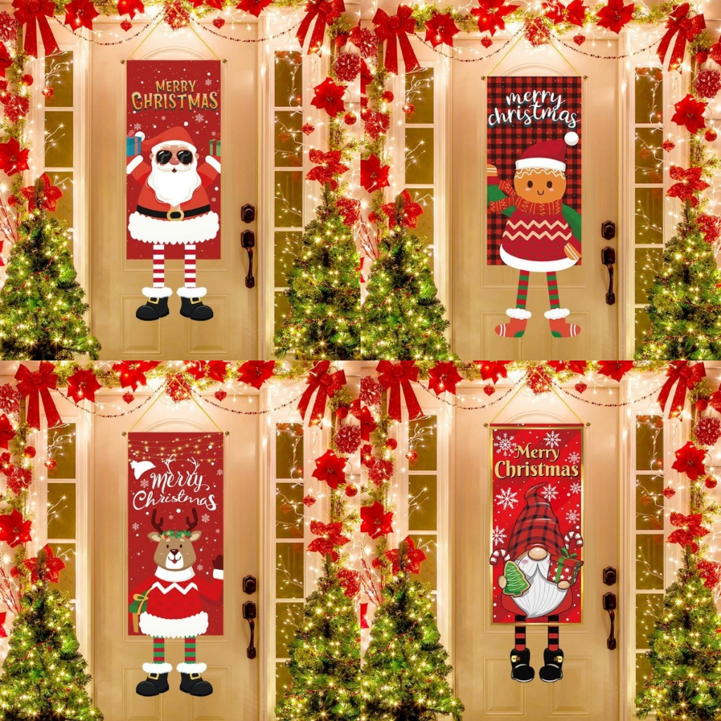 Gingerbread Man Elk Design Door Haning Flag ผ้าโพลีเอสเตอร์ Merry Christmas Banner ตกแต่งต้นคริสต์มาสตกแต่งคริสต์มาส
