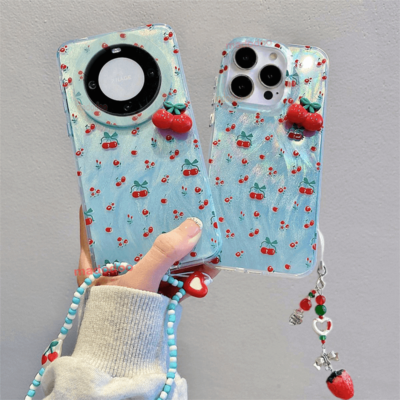 เคส Redmi Note 13 Pro 5G 12 11 4G 13C 12C 12S 11S 10S 10A 10C 9T 9C 9A 9 8 10 2022 A3 A2 A1 A2+ A1+ Mi POCO X6 M6 X5 X3 NFC M2 C65 C61 C50 C51 C55 Cartoon Bow 3D Cherry Design sense strawberry love pendant lanyard key chain Phone Case YS 38
