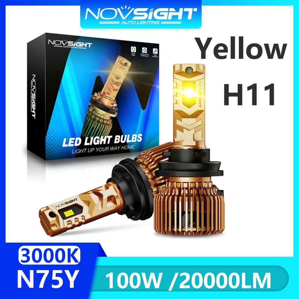 2 แพ็ค 3000K ไฟตัดหมอกสีเหลือง Novsight N75YH11 ไฟหน้ารถ LED หลอดไฟรถยนต์ 20000LM 120W พลังงานสูงที่