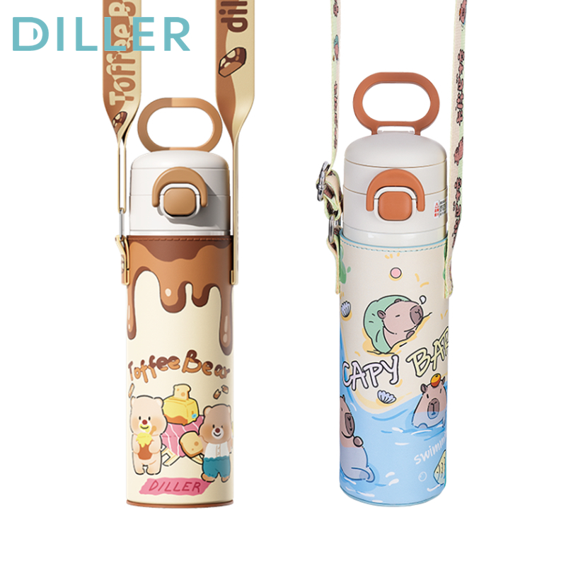 Diller กระติกน้ําสูญญากาศ Thermos 316 สแตนเลสพร้อม Spout และฟางเก็บเย็นและร้อนขวดน้ําดื่ม 520ml D9260 D9284