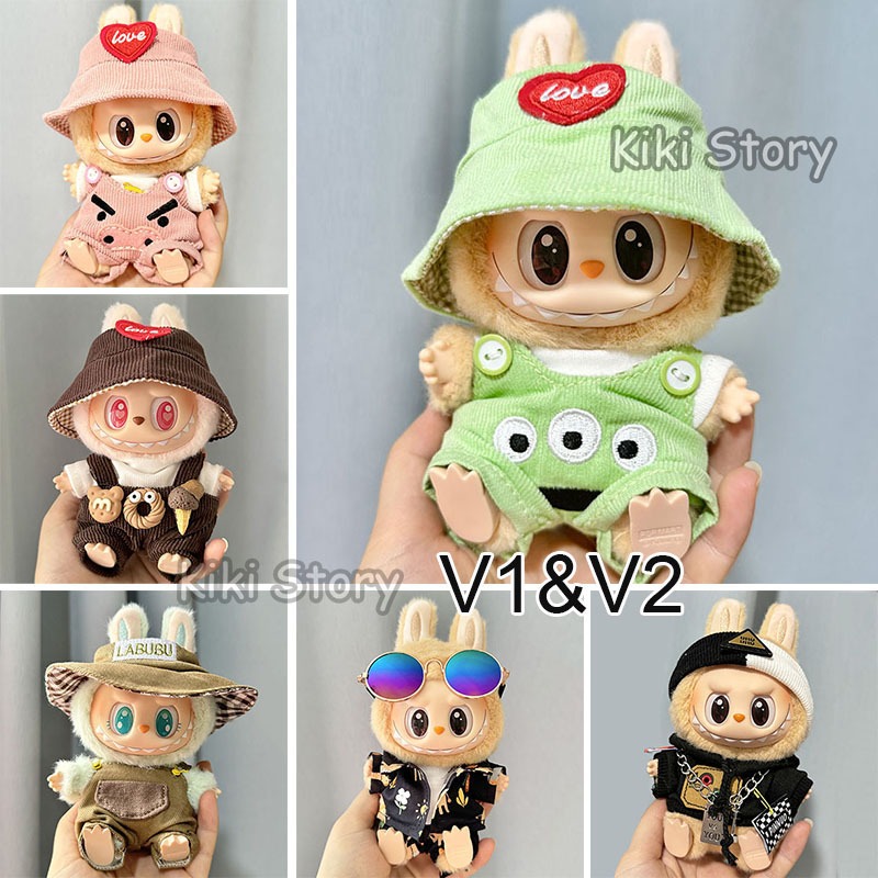 ใหม่ LABUBU V2 เสื้อผ้าแครอท Overalls Beach Wear แว่นตากันแดด 17 ซม. LABUBU Macarons ตุ๊กตาอุปกรณ์เสริม