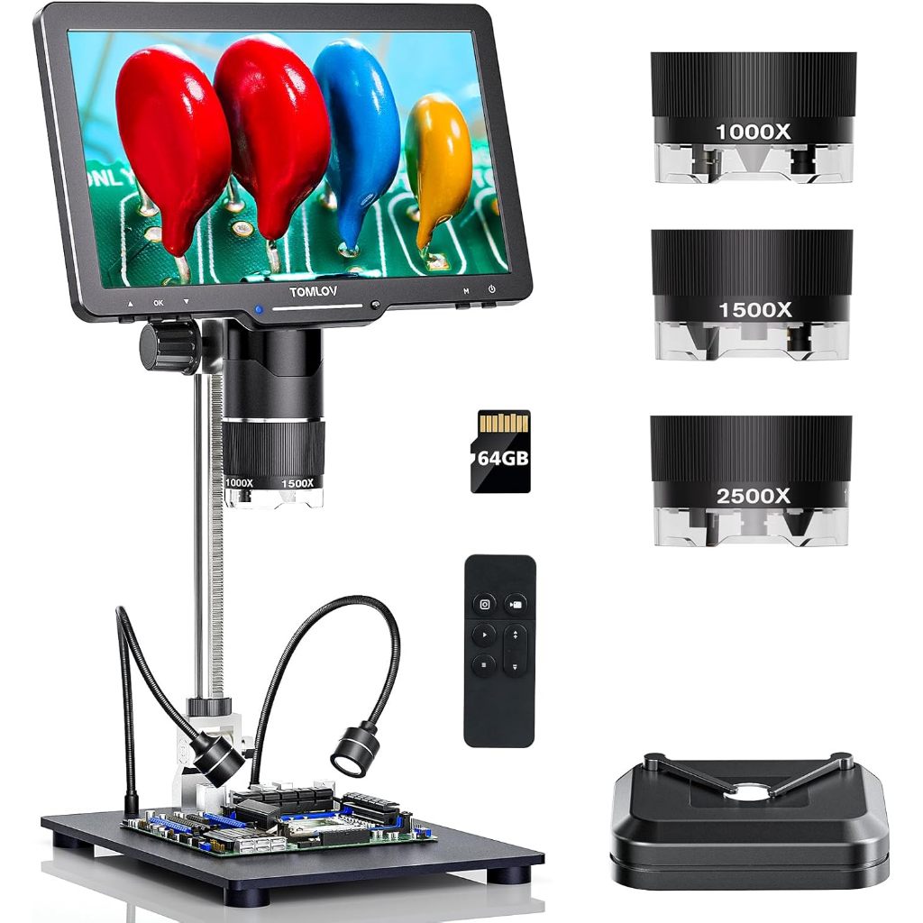 TOMLOV 10.1inch 2K HDMI 3 เลนส์กล้องจุลทรรศน์ดิจิตอล 2500X, กล้องจุลทรรศน์เหรียญแว่นขยายสําหรับแบตเตอรี่หน้าจอ IPS, LCD กล้องจุลทรรศน์บัดกรี Tril110