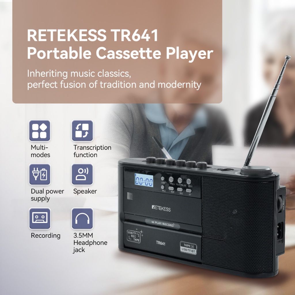 Retekess TR641 FM AM เทปเทปคาสเซ็ตแบบพกพาบลูทูธมัลติฟังก์ชั่นวิทยุพร้อมฟังก์ชั่นทึกจารึก Dual Power 