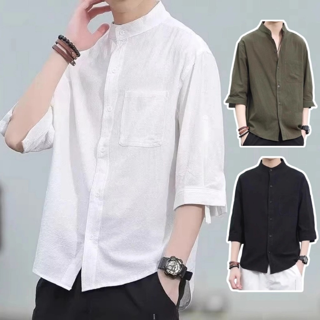 💖พร้อมส่ง💖เสื้อเชิ้ตผู้ชายแขนสั้น  เสื้อคอจีนผู้ชาย แบบบาง ผ้าฝ้าย และผ้าลินิน ระบายอากาศดี ผ้านุ่มไม่เปลี่ยนรูปทรง