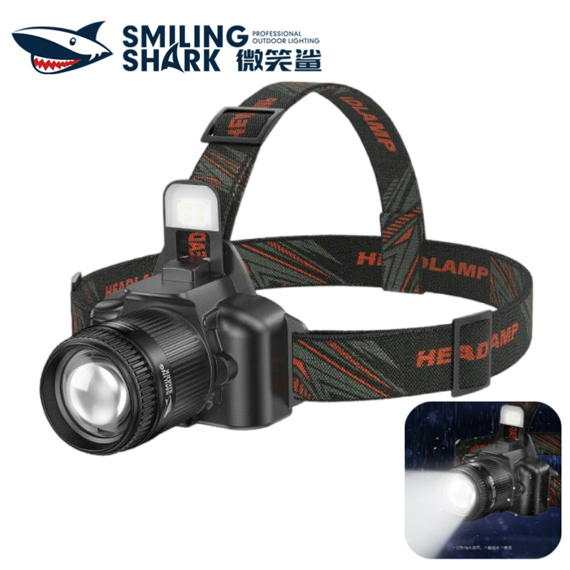 Smiling Shark TD0179 ไฟหน้า Led แบบพกพา Super Bright พร้อมเซนเซอร์ทํางานตกปลาโคมไฟ Type-c ชาร์จ 6 โหมดพร้อมไฟเตือนแสงสีแดง