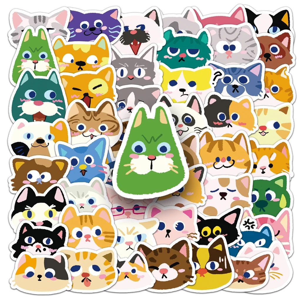 ตลก 50 ชิ้นแมวหัวสติกเกอร์กันน้ํา DIY สําหรับโทรศัพท์แล็ปท็อปรถสติกเกอร์ Creative Home Decal