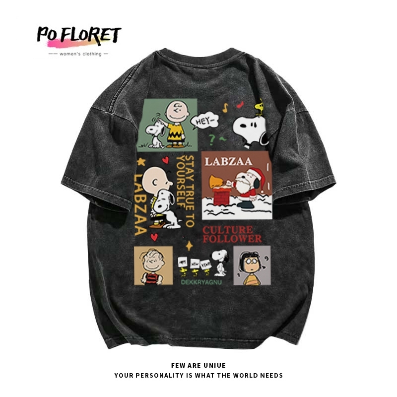 Pofloret เสื้อยืดฟอก ลายการ์ตูน ผ้าฝ้าย100% โอเวอร์ไซซ์ สีดําเข้ม สไตล์ฮิปฮอป เรโทร #T1793