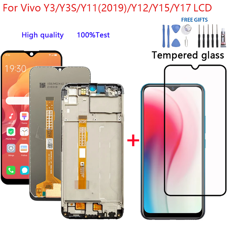 คุณภาพสูง Original 6.35 "LCD สําหรับ Vivo Y3 Y3S Y11(2019) Y12 Y15 Y17 จอแสดงผลหน้าจอสัมผัสพร้อมกรอบ Digitizer Assembly เปลี่ยน + กระจกนิรภัย