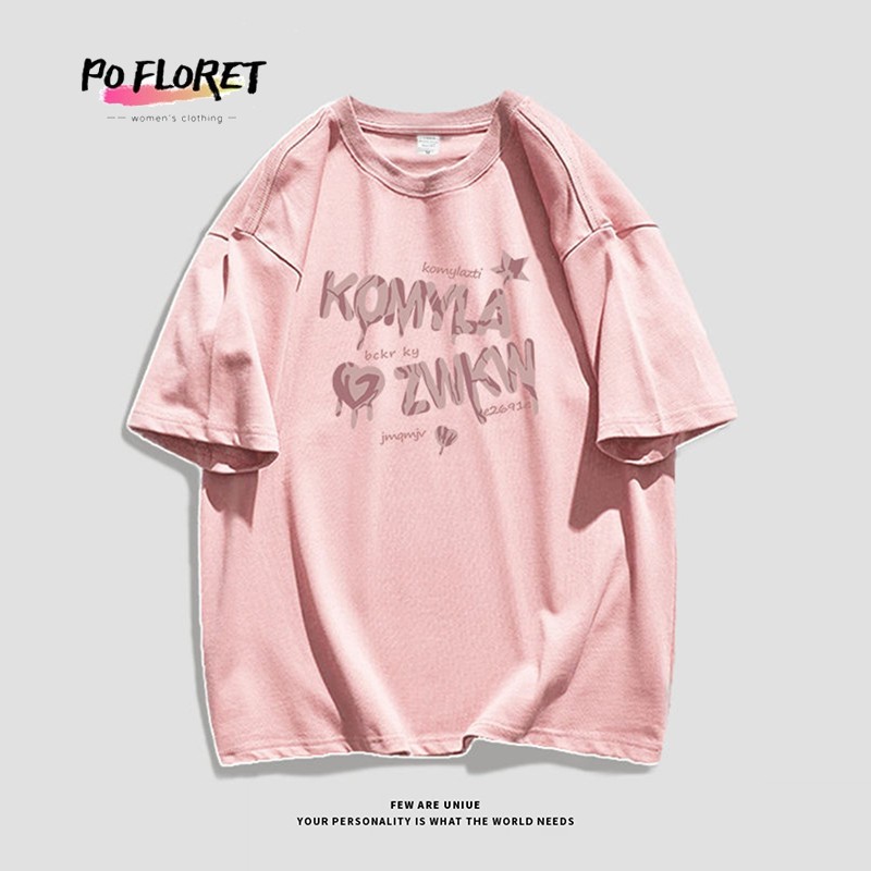 Pofloret เสื้อยืดเท่ๆ oversize ผ้าฝ้าย100% โอเวอร์ไซซ์ สีดําเข้ม สไตล์ฮิปฮอป เรโทร #T2059