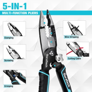 Duratech 5-in-1 Wire Stripper 8" Crimping Tool, Premium CR-V Construction, คีมจมูกเข็ม, คีมช่างไฟฟ้ามัลติฟังก์ชั่นสําหรับ Crimping, ตัด, ปอก, เฉือน