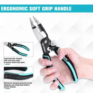 Duratech 5-in-1 Wire Stripper 8" Crimping Tool, Premium CR-V Construction, คีมจมูกเข็ม, คีมช่างไฟฟ้ามัลติฟังก์ชั่นสําหรับ Crimping, ตัด, ปอก, เฉือน