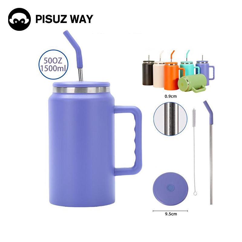 Pisuz Way ถ้วยน้ำสูญญากาศสแตนเลส ที่จับแก้วน้ำ 50 ออนซ์ ถ้วยน้ำแข็งความจุขนาดใหญ่พิเศษ สแตนเลส