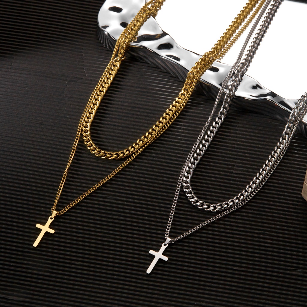 Jushi 18K Gold Silver Cross Double Layers สร้อยคอวันหยุดของขวัญผู้ชายผู้หญิง Jewellery อุปกรณ์เสริม