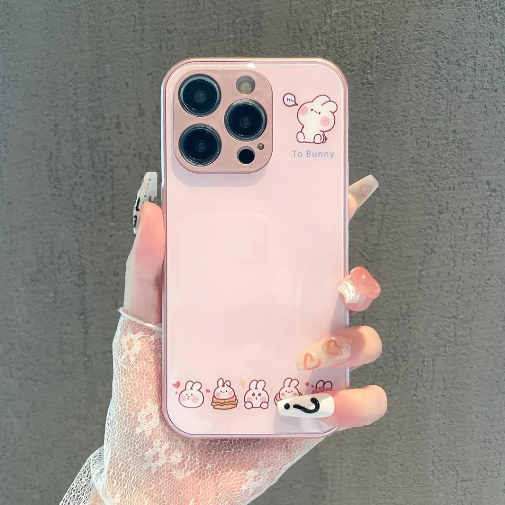 เหมาะสําหรับเปลือก iPhone IP15 PRO MAX IP11 IP12 PRO IP7 IPXS MAX IP13 IP14PLUS รูปแบบกระต่ายน่ารักเรียบง่าย เคสโทรศัพท์วัสดุแก้ว เคสโทรศัพท์กันฝุ่น