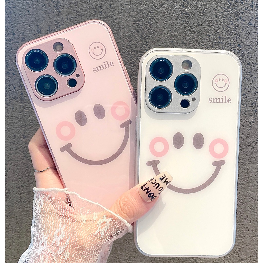 เหมาะสําหรับเปลือก iPhone IP15 PRO MAX IP11 IP12 PRO IP7 IPXS MAX IP13 IP14PLUS รูปแบบหน้ายิ้มที่เรียบง่ายและน่ารัก เคสโทรศัพท์วัสดุแก้ว เคสโทรศัพท์กันฝุ่น