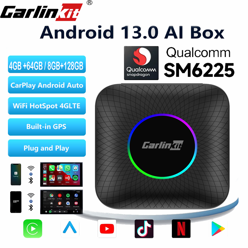 Carlinkit CarPlay Ai กล่องทีวีไร้สาย Android 13 8+128GB QCM 8-Core 6225 Android Auto YouTube Netflix IPTV 4G LTE