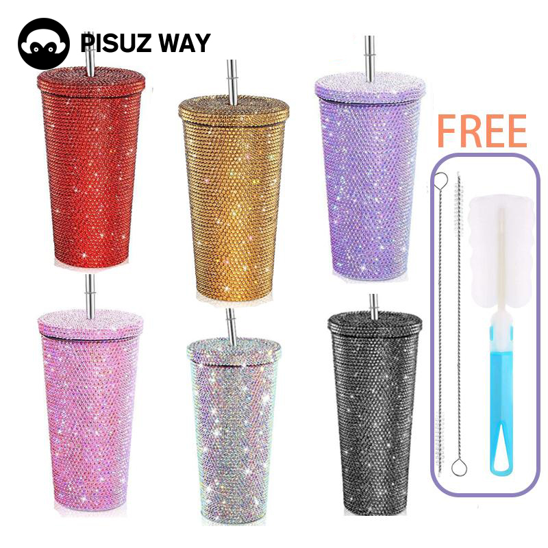 Pisuz Way Diamond Water Straw Bottle Sealing Stainless Steel Sweet เครื่องดื่ม Rhinestonesขนาดแก้วน้ำ 750ML