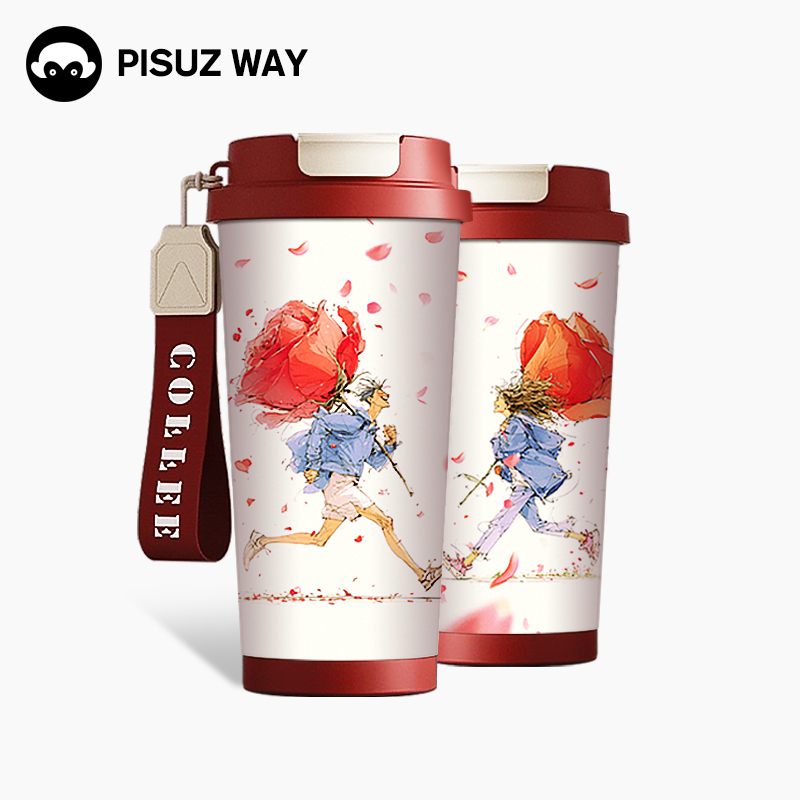 Pisuz Way 530ml แก้วเก็บความเย็นเคลือบเซรามิคแก้วกาแฟแบบพกพาแก้วคูุ่รักน่ารักๆ