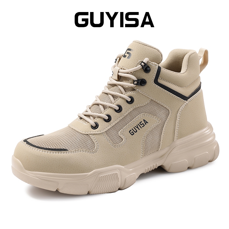Guyisa รองเท้านิรภัยรองเท้าหัวเหล็กรองเท้าทํางานโกดังตัดสูงระบายอากาศนุ่ม 38-45 F078