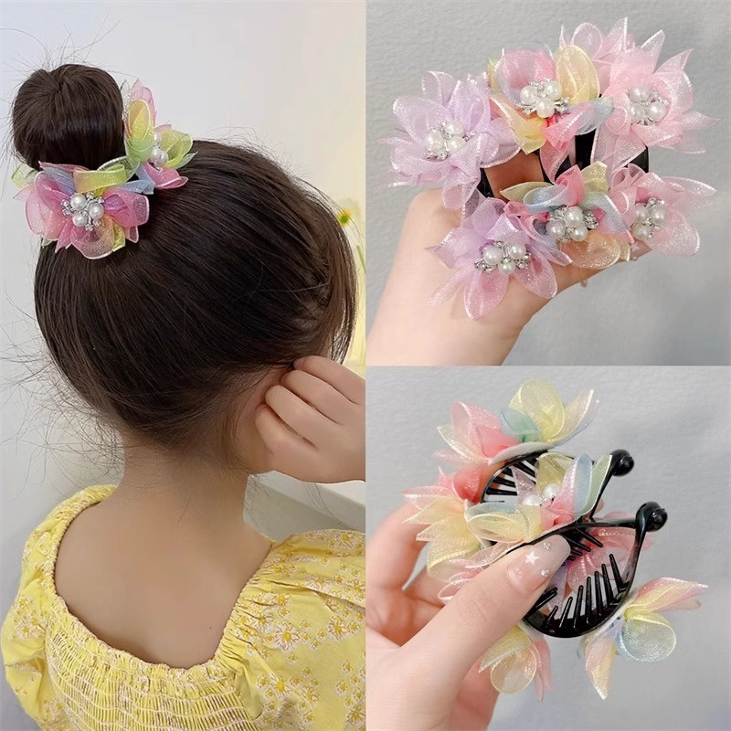 สาวสไตล์ใหม่ประณีตดอกไม้ที่มีสีสันผมหางม้าคลิปเต้นรํามุกผ้ากอซดอกไม้ผมหางม้าสูงเด็กอุปกรณ์ผม
