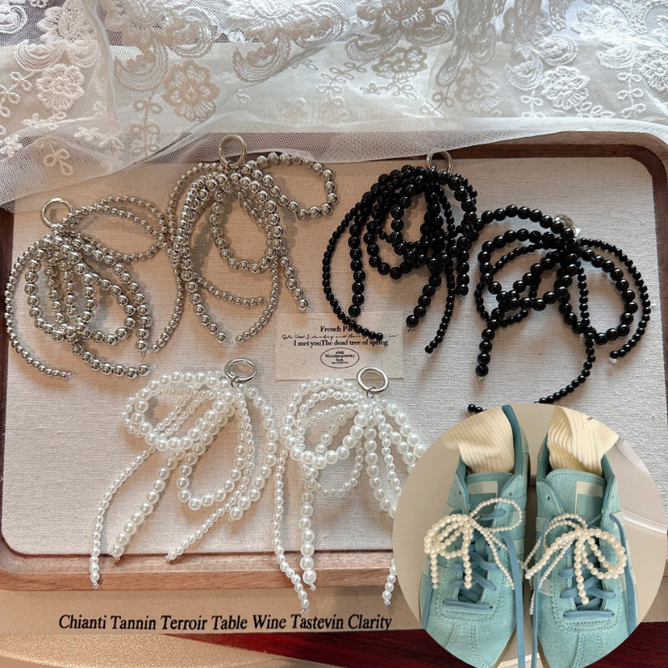 Annapink.th 1PC Handmade รองเท้าคลิป Double Layered Pearl ลูกปัด Bowknot Charm รองเท้าหัวเข็มขัดตกแต่งกระเป๋าจี้ Bow Key Chain อุปกรณ์เสริม EN