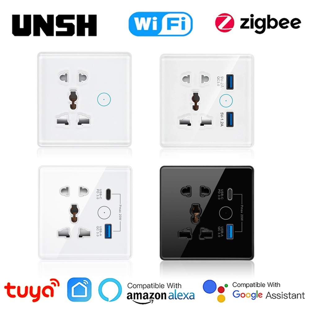 Eu UK US Universal Plug Tuya ZigBee WiFi สมาร์ทซ็อกเก็ตสวิทช์แก้ว Quick Charge 3.0 USB 20W Type-C พอร์ต Outlet Smart Life ผ่าน Alexa Google Home Tmall Genie