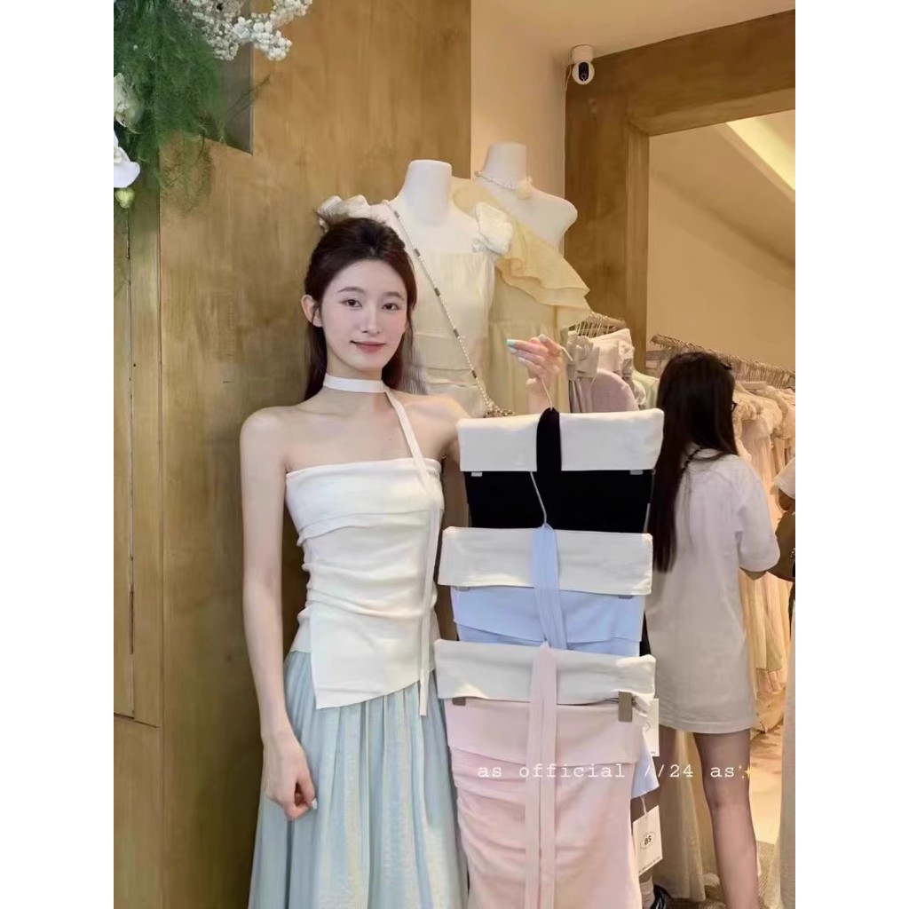 Xiao เสื้อกันหนาวผ้าไหมผู้หญิงฤดูร้อนสไตล์ใหม่ Lace-Up Halterneck Pure Desire แขนกุด Slim-Fit สั้นไม