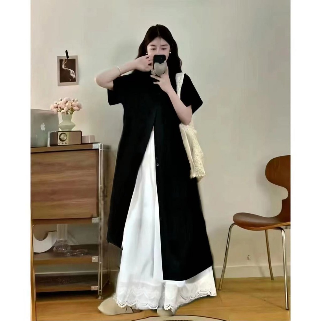 สูท ผู้หญิง ญี่ปุ่นสีดําชั้นยาวเสื้อชุด + ฤดูร้อนเอวสูงขอบลูกไม้กางเกงขากว้างชุดสองชิ้น