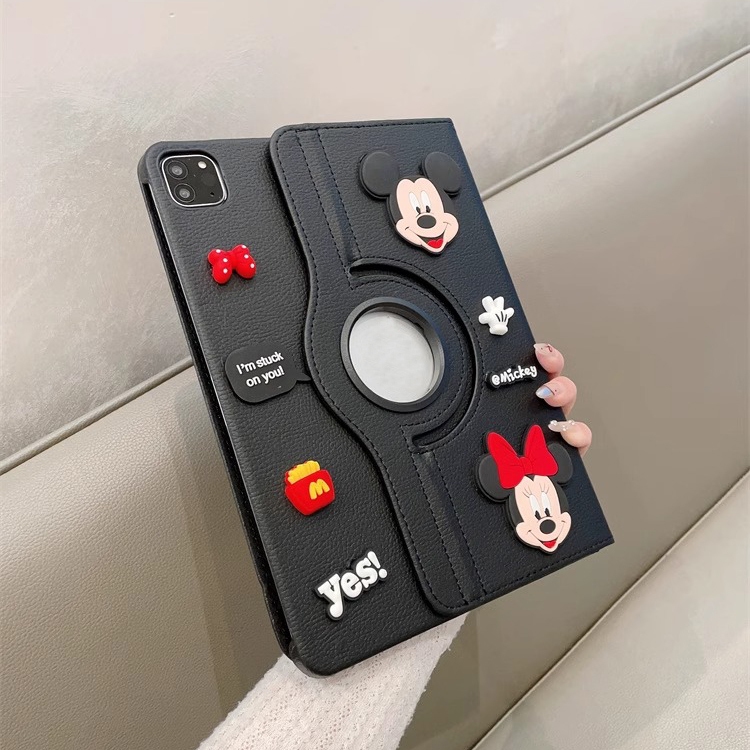 360° Rotatable Stand Flip หนังสีดํากรณีแท็บเล็ต 3D สติกเกอร์การ์ตูนสําหรับ iPad Mini 6 5 9.7 5th 6th Air 3 4 5 iPad 10.2 7 8 9 10th Gen iPad Pro 11 2024 นิ้ว iPad ฝาครอบปลอก