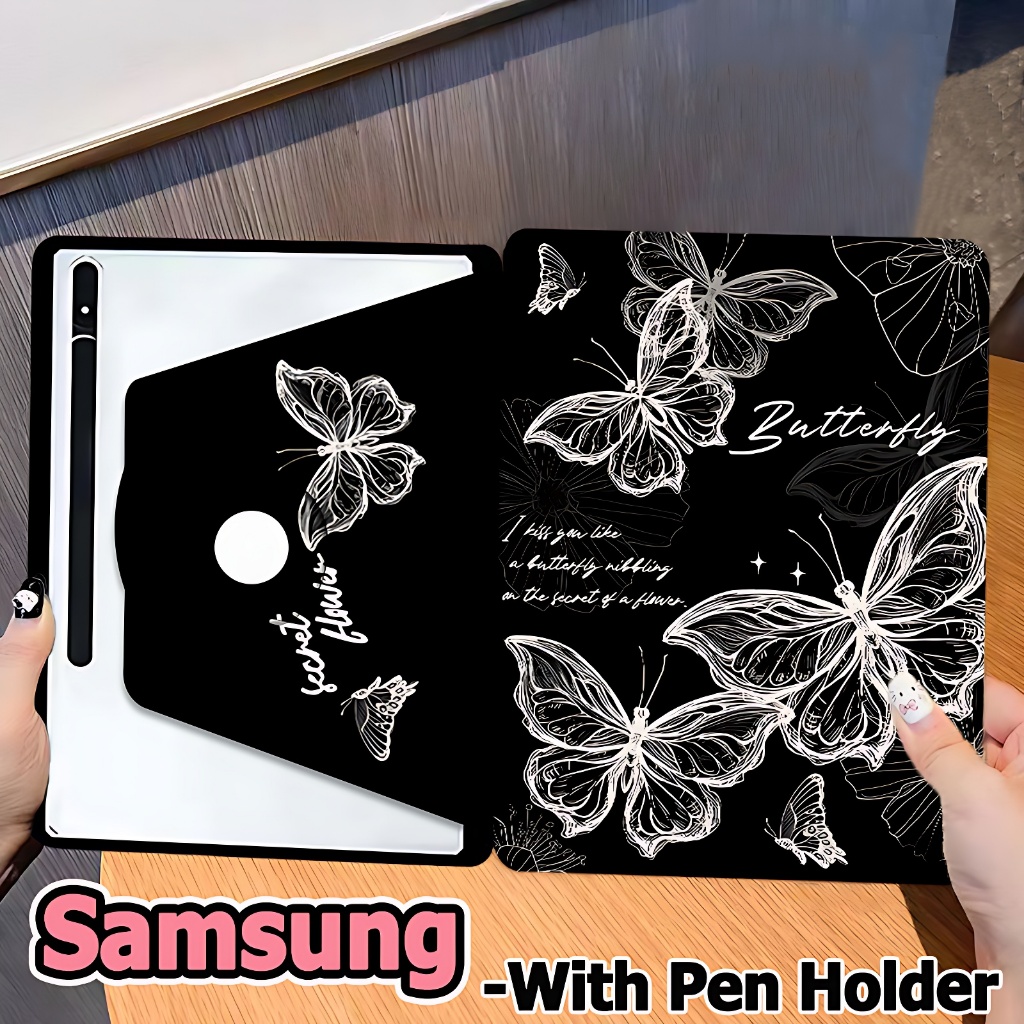 การหมุน 360 องศา samsung Galaxy Tab S7 S8 S9 S7FE S9FE S9FE+ Galaxy Tab S10+ A8 A9 A9+ S7+ S8+ S9+ S6Lite A7Lite  ผีเสื้อ samsung case ในตัวที่ใส่ดินสอ