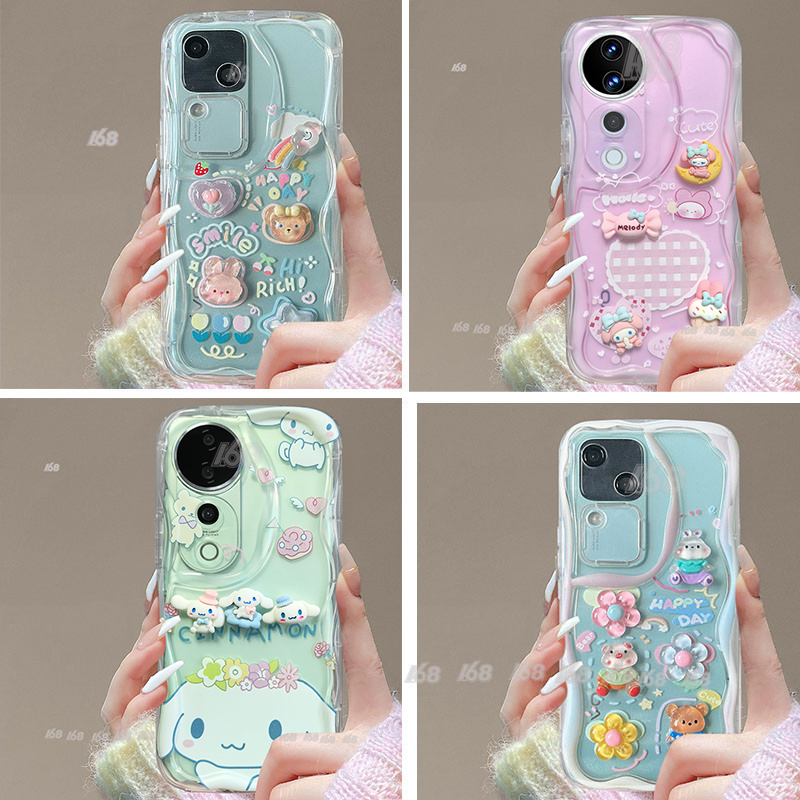 เคส Vivo V40 V30 5G เคส Vivo V30 V40 Pro เคสกันกระแทกใสการ์ตูน Cinnamoroll Melody ฝาครอบเยลลี่โปร่งใสพร้อมตัวป้องกันกล้องครีมขอบสามมิติเคสโทรศัพท์