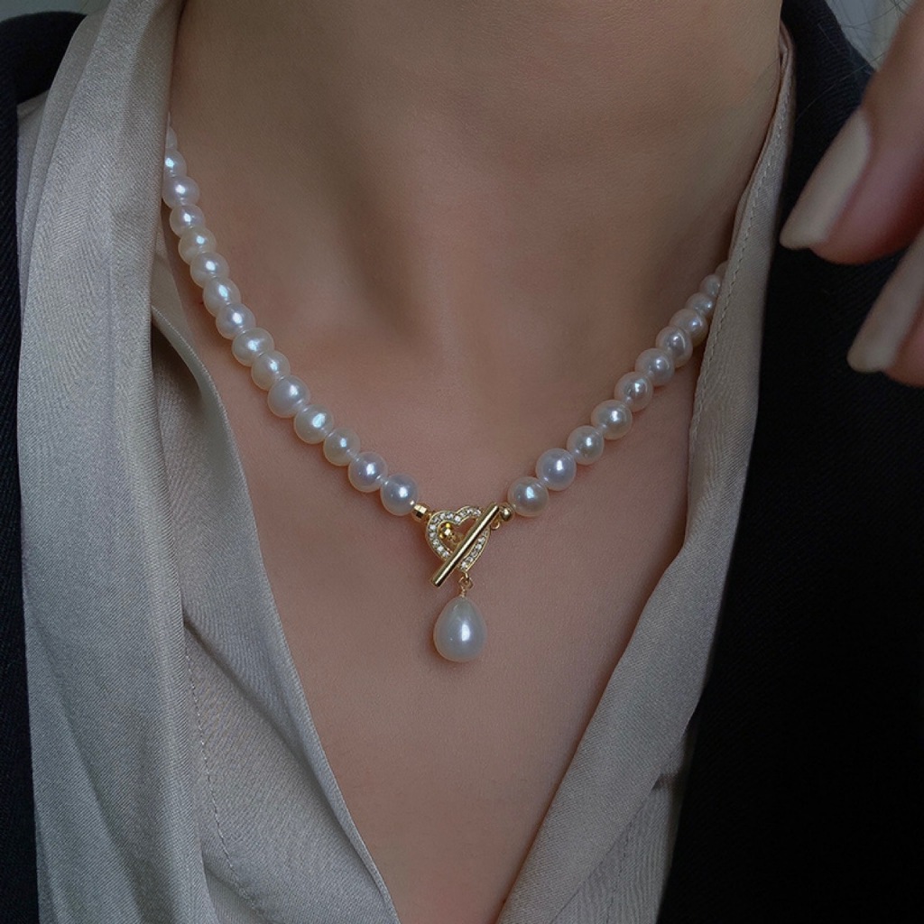 6-7 มม.ไข่มุกน้ําจืดธรรมชาติ Love OT สร้อยคอหัวเข็มขัด