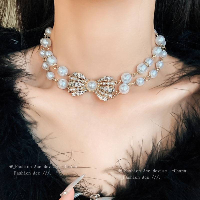 เพชร-หุ้มห่อสองชั้นสร้อยคอมุกเทียมฝรั่งเศสศาลสไตล์แสงหรูหราไหปลาร้าโซ่ชุดความรู้สึกอาวุโสย้อนยุคปกผู้หญิง