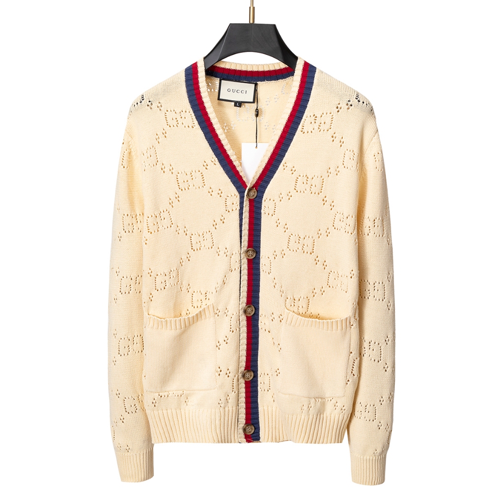 Gucci เสื้อสเวตเตอร์ดีไซน์คอวีผู้ชายแฟชั่น