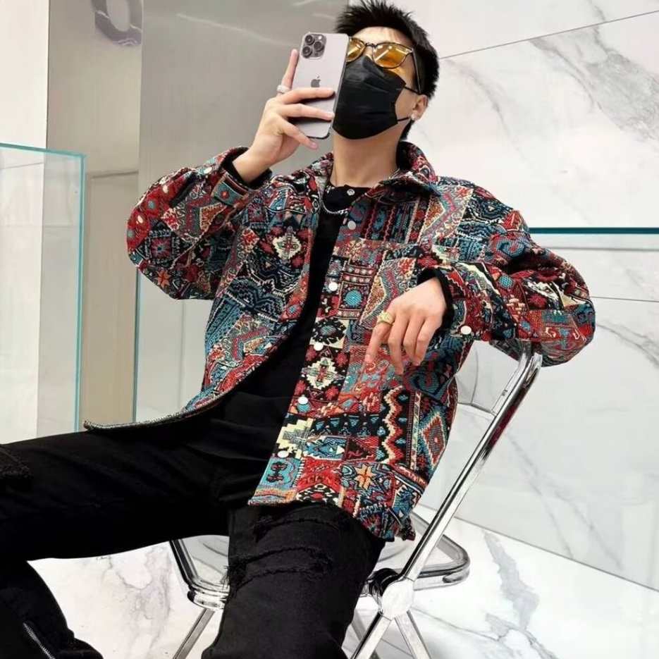 Street Wear หล่อสไตล์ชาติพันธุ์เสื้อผู้ชาย High-End Casual เสื้อแขนยาวฤดูใบไม้ผลิฤดูใบไม้ร่วงหลวม Retro Top M-3XL