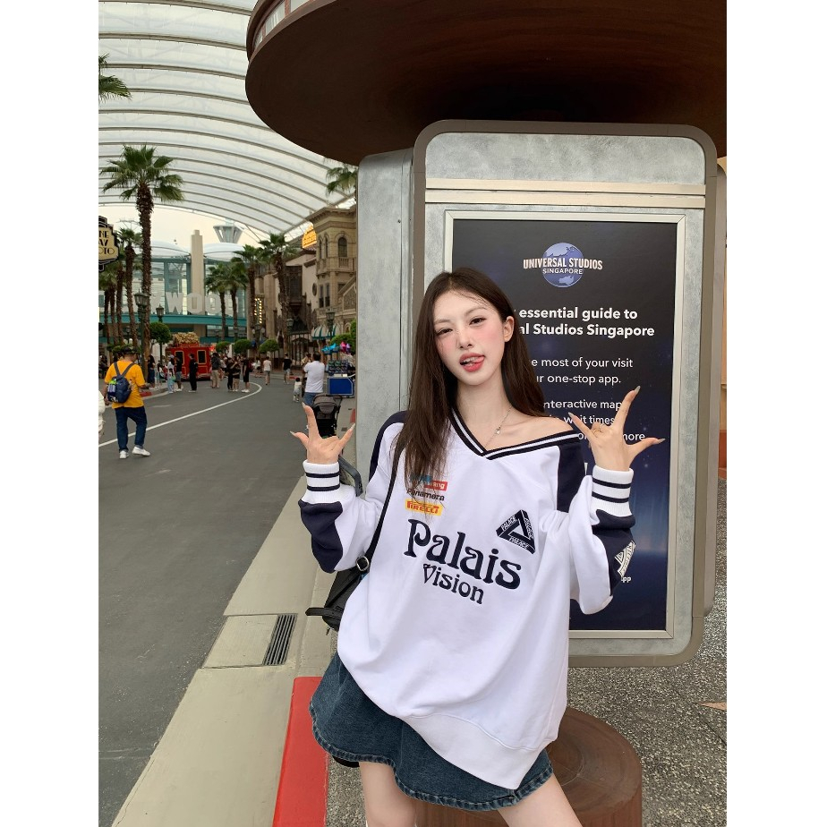 NZN เสื้อสเวตเตอร์ปักลายแฟชั่นฤดูใบไม้ร่วงเผ็ดอเมริกันหลวม โวลต์ @