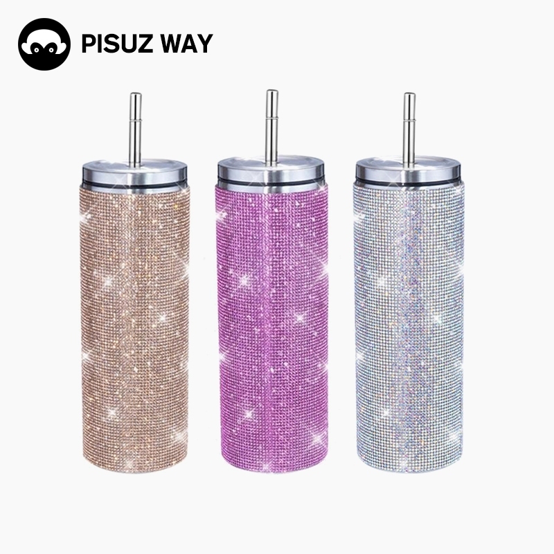Pisuz Way600ml กระติกน้ําสูญญากาศเพชรถ้วยฟางขวดดื่มแก้วเก็บความร้อนน้ํา Bling ถ้วยน้ํา