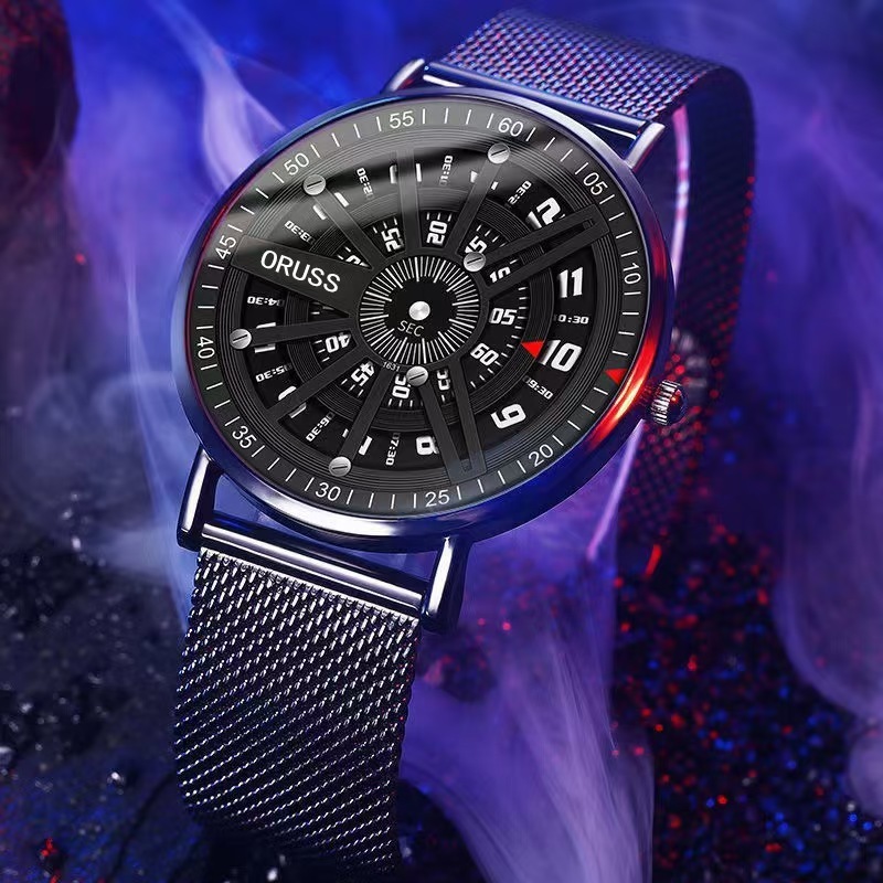 ORUSS Original Men สแตนเลสกันน้ําแฟชั่นหรูหรานาฬิกาเฉพาะเข็มขัดสีดํานาฬิกาข้อมือควอตซ์เกาหลี