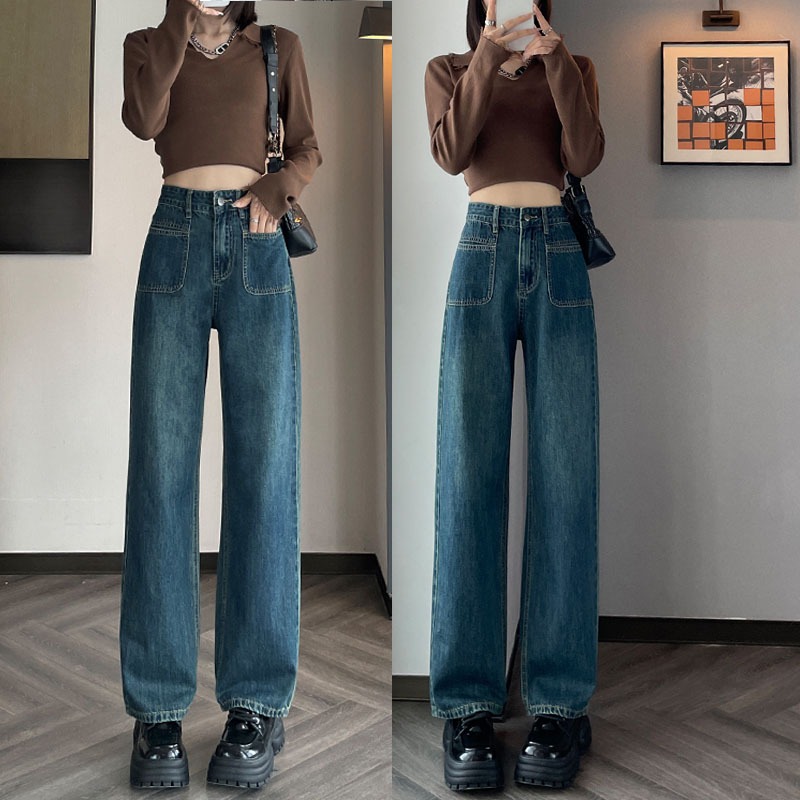 Dark Blue Design Sense Pocket Slimmer ดู Mopping กางเกงขากว้างเอวสูงหลวม American Jean