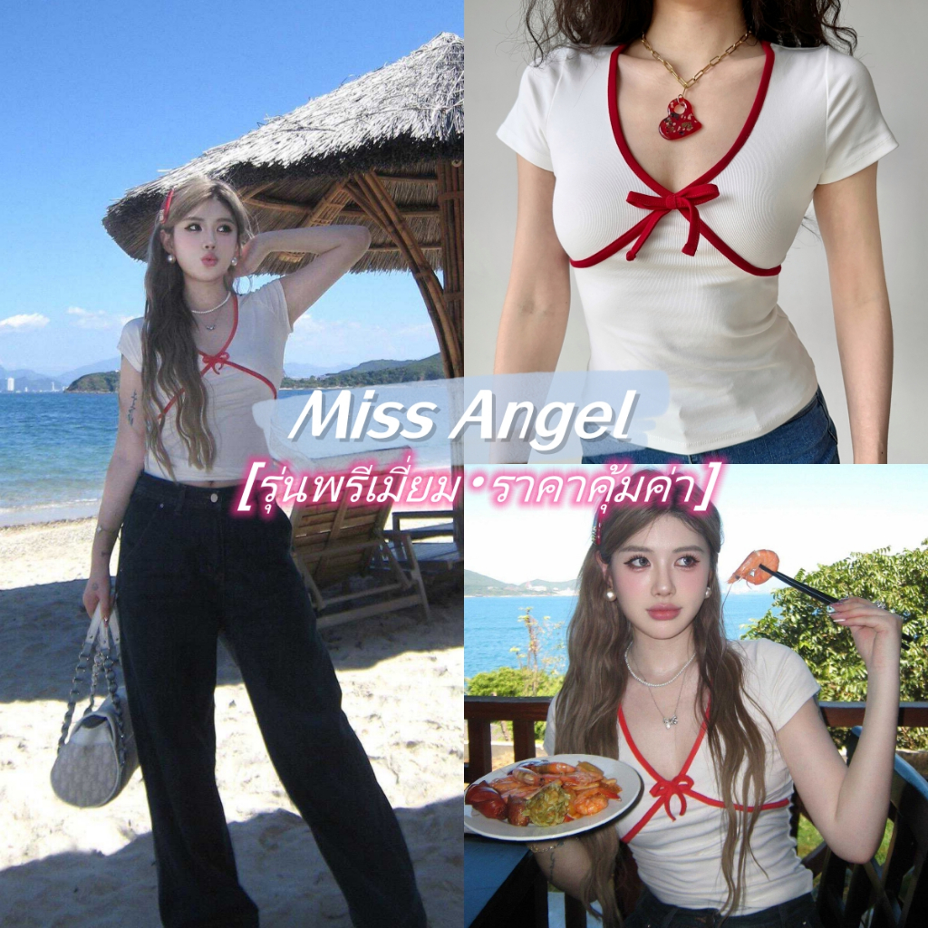 MissAngel จัดส่งทันที เสื้อยืดผู้หญิง สีพื้น แต่งขอบสี สไตล์ลำลอง แฟชั่นตกแต่งโบว์ สลิมฟิตเสื้อ-T908