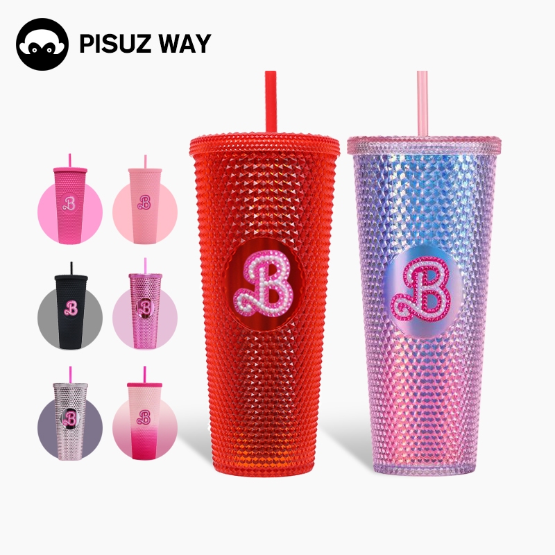 Pisuz Way แก้วมัคของขวัญ 2 ชั้นพร้อมหลอดพลาสติก 710ml ถ้วยฟางความจุขนาดใหญ่ ถ้วยทุเรียน แบบพกพา