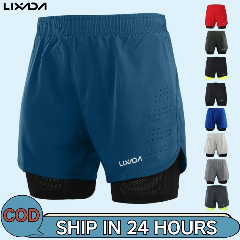 Lixada Men 's 2-in-1 Running Shorts Quick Drying Breathable Active Training ออกกําลังกายจ ๊ อกกิ ้ งขี ่ จักรยานกางเกงขาสั ้ น Longer Liner