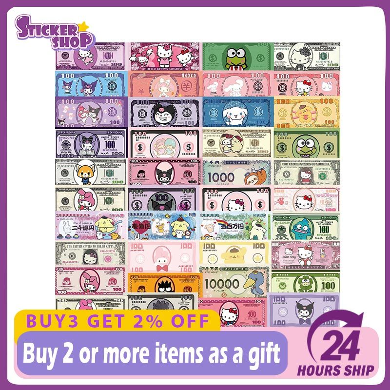 50PCS KT กระดาษสติกเกอร์เงิน Kawaii Hello Kitty Kuromi อะนิเมะสติกเกอร์ตกแต่งแล็ปท็อป KId ของเล่น